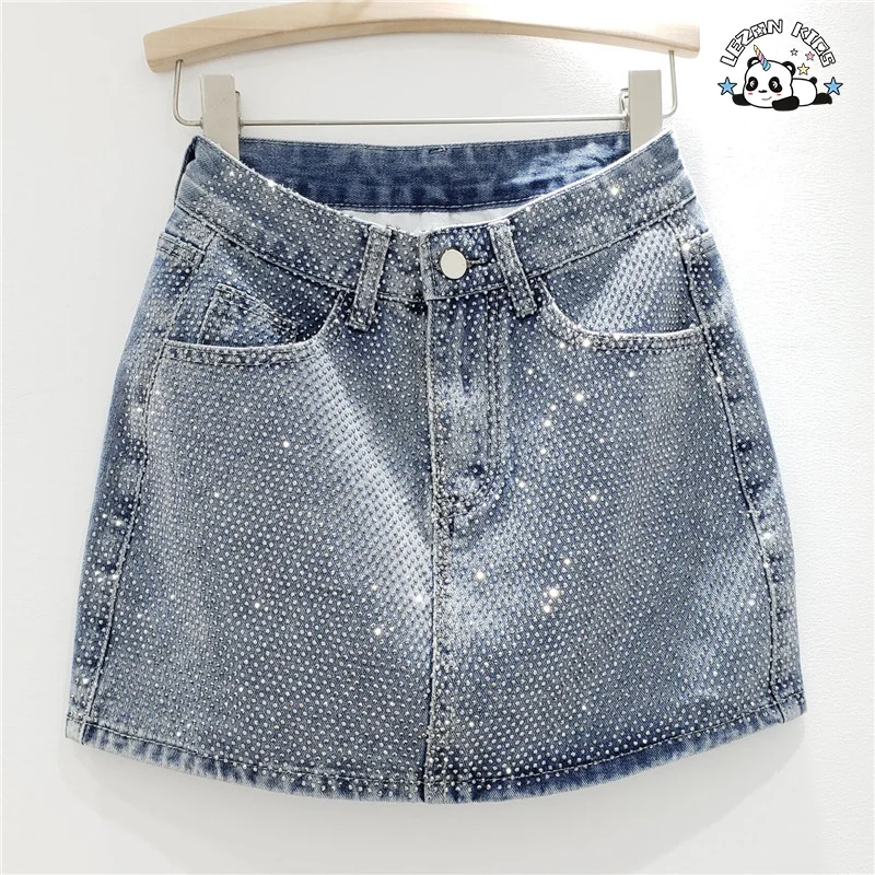 LEZONKIDS - Custom Denim Hot Drilling Skirt Kids Girl Casual Summer Fashion Girls Skirts with Lining